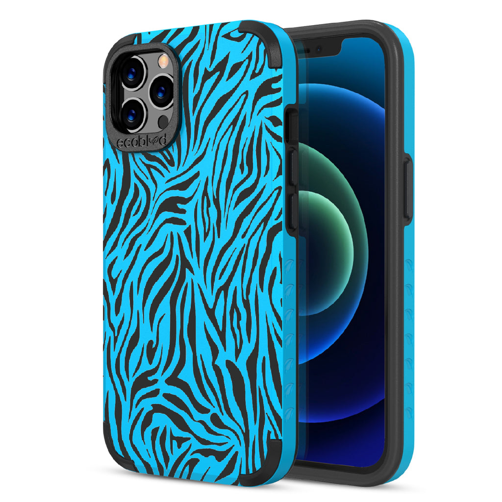 Zebra Print - Back View Of Blue & Eco-Friendly Rugged iPhone 12/12 Pro Case & A Front View Of The Screen