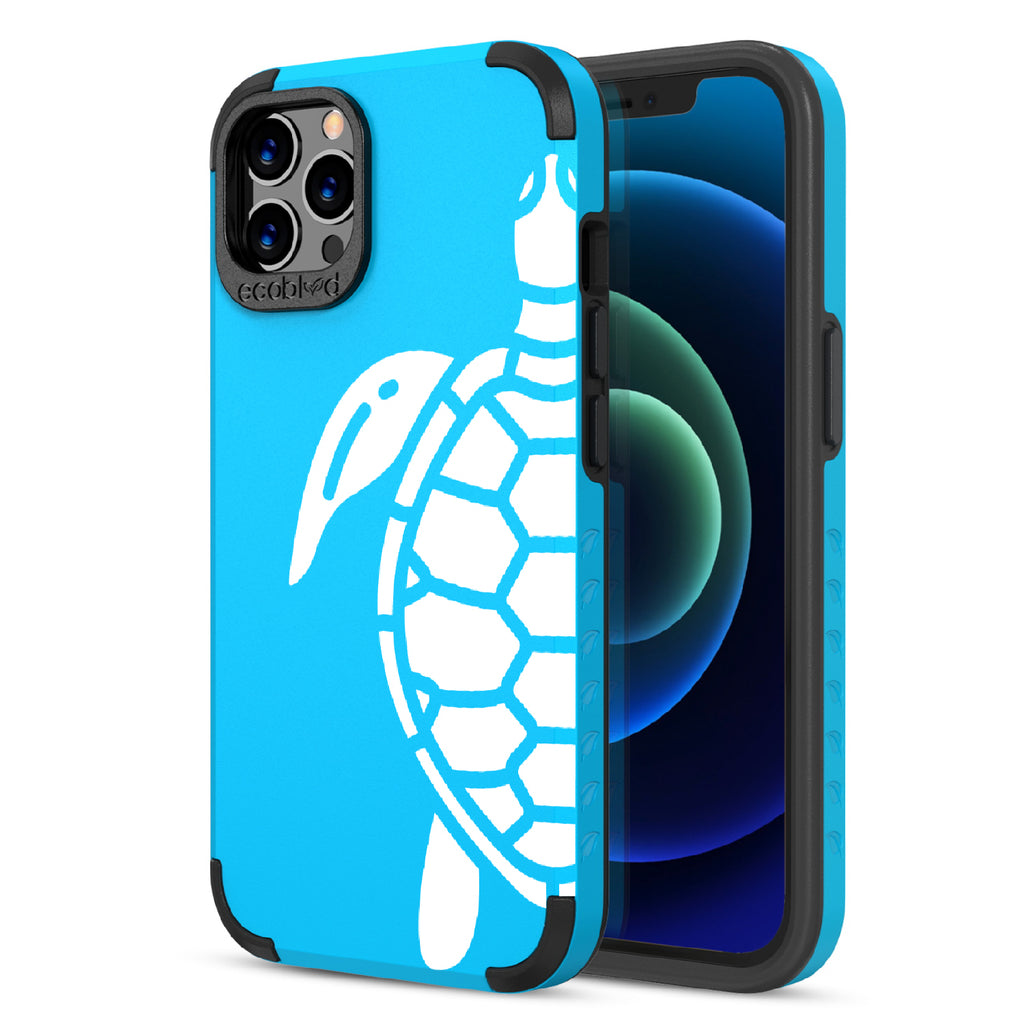 Sea Turtle - Back View Of Blue & Eco-Friendly Rugged iPhone 12/12 Pro Case & A Front View Of The Screen