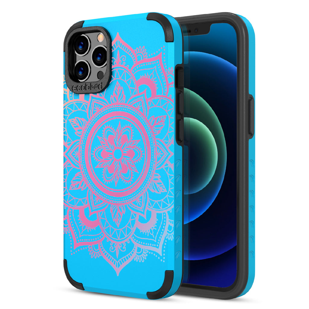 Mandala - Back View Of Blue & Eco-Friendly Rugged iPhone 12/12 Pro Case & A Front View Of The Screen