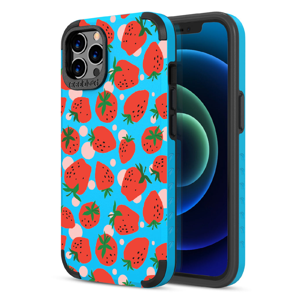 Strawberry Fields - Back View Of Blue & Eco-Friendly Rugged iPhone 12/12 Pro Case & A Front View Of The Screen