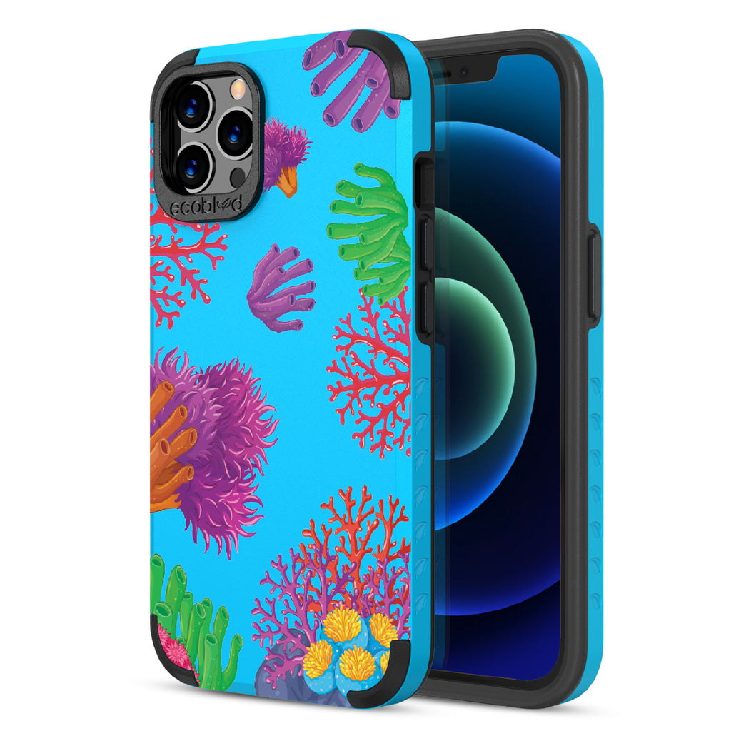 Coral Reef - Back View Of Blue & Eco-Friendly Rugged iPhone 12/12 Pro Case & A Front View Of The Screen