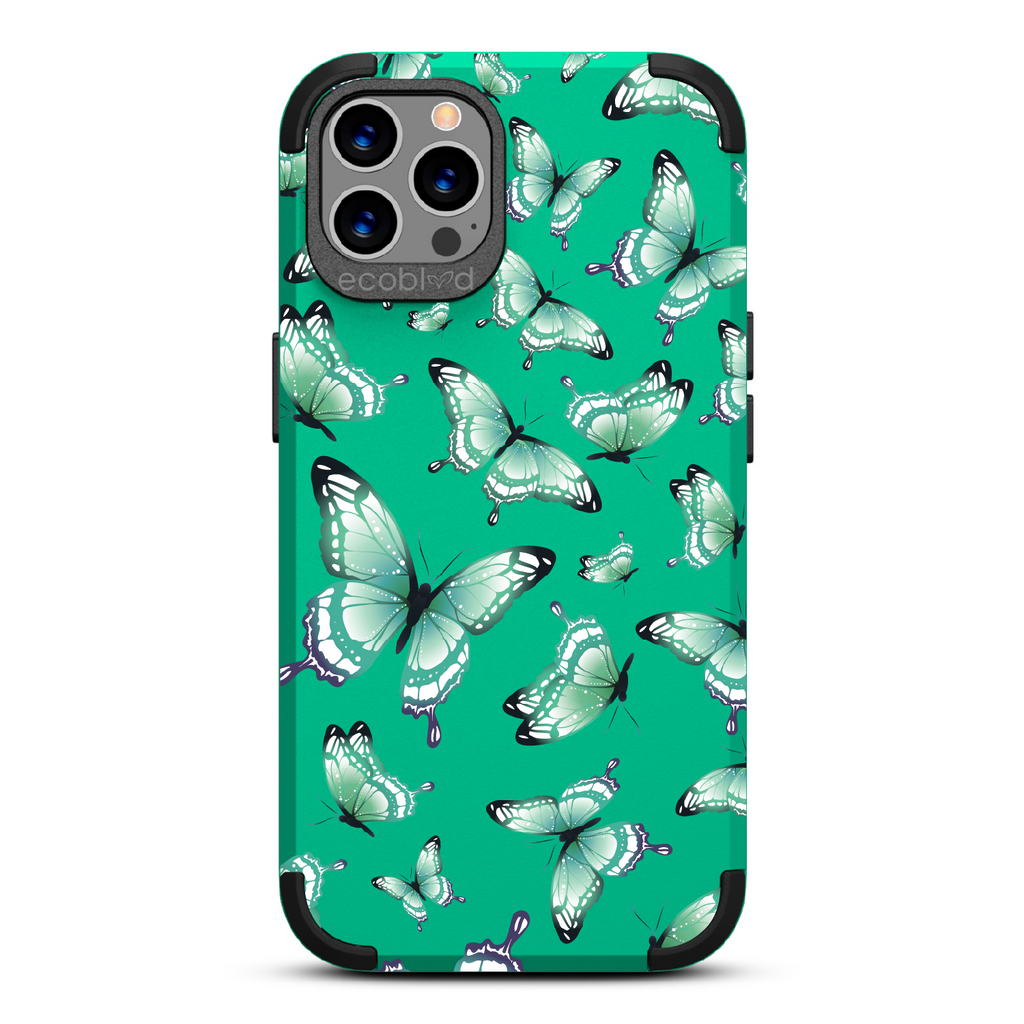  Social Butterfly - Green Rugged Eco-Friendly iPhone 12/12 Pro Case With Colorful Butterflies On Back