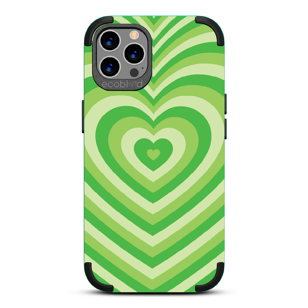 Tunnel Of Love - Green Rugged Eco-Friendly iPhone 12/12 Pro Case With A Small Heart Gradually Growing Larger On Back