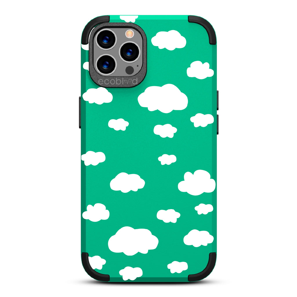 Clouds - Green Rugged Eco-Friendly iPhone 12/12 Pro Case With A Fluffy White Cartoon Clouds Print On Back