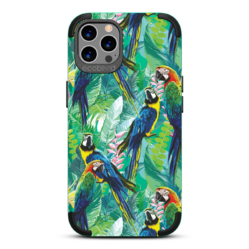 Macaw Medley - Green Rugged Eco-Friendly iPhone 12/12 Pro Case With Macaws & Tropical Leaves On Back