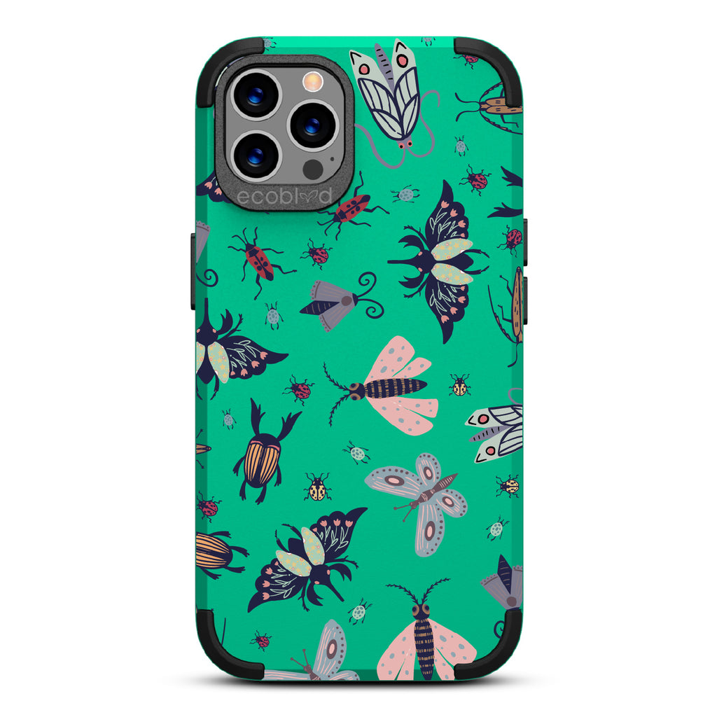 Bug Out - Green Rugged Eco-Friendly iPhone 12/12 Pro Case With Butterflies, Moths, Dragonflies, And Beetles On Back