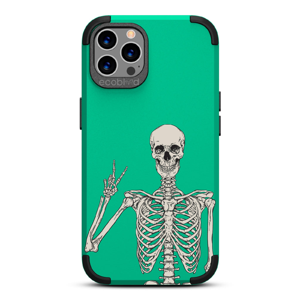 Creeping It Real - Green Rugged Eco-Friendly iPhone 12/12 Pro Case With Skeleton Giving A Peace Sign On Back