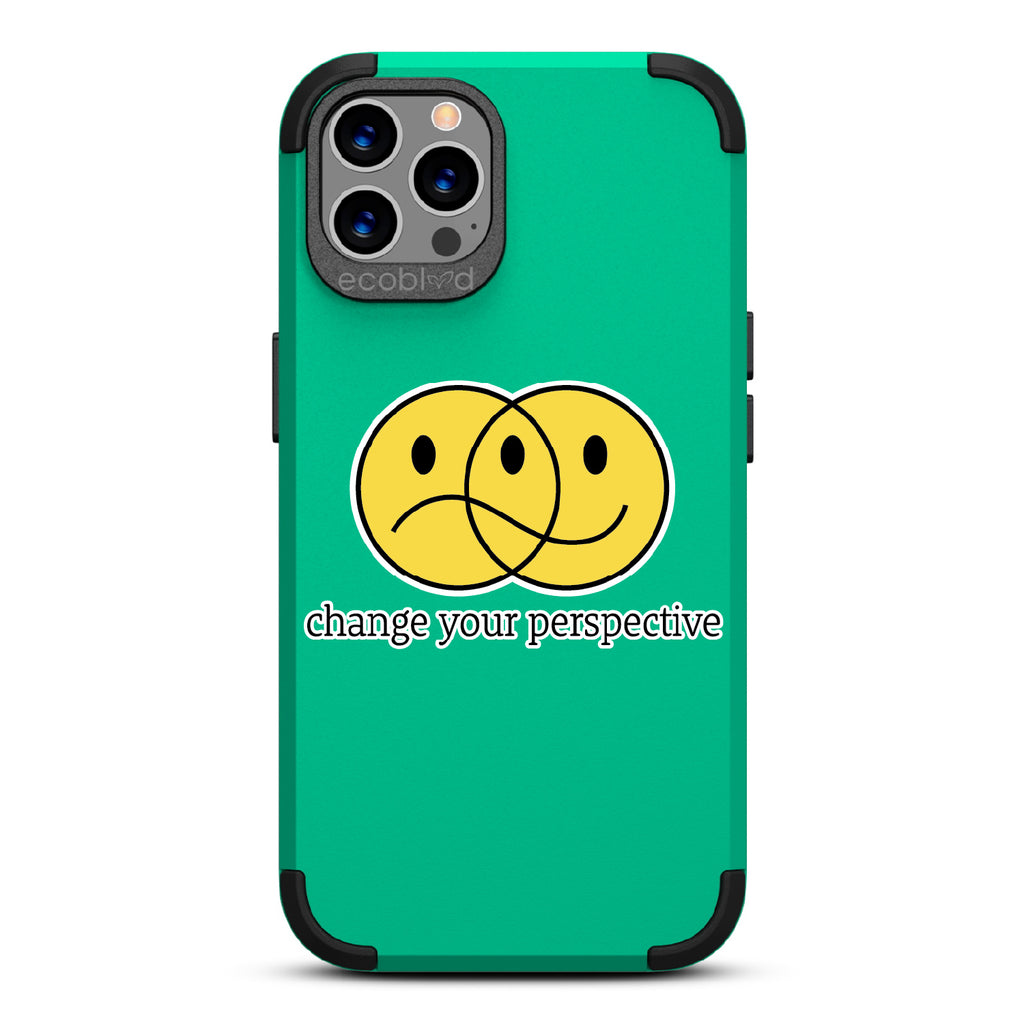 Perspective - Green Rugged Eco-Friendly iPhone 12/12 Pro Case With A Happy/Sad Face & Change Your Perspective On Back
