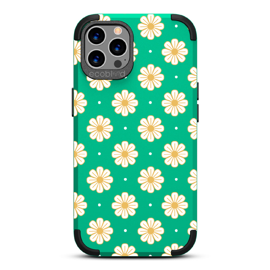 Daisy - Green Rugged Eco-Friendly iPhone 12/12 Pro Case With A White Floral Pattern Of Daisies & Dots On Back