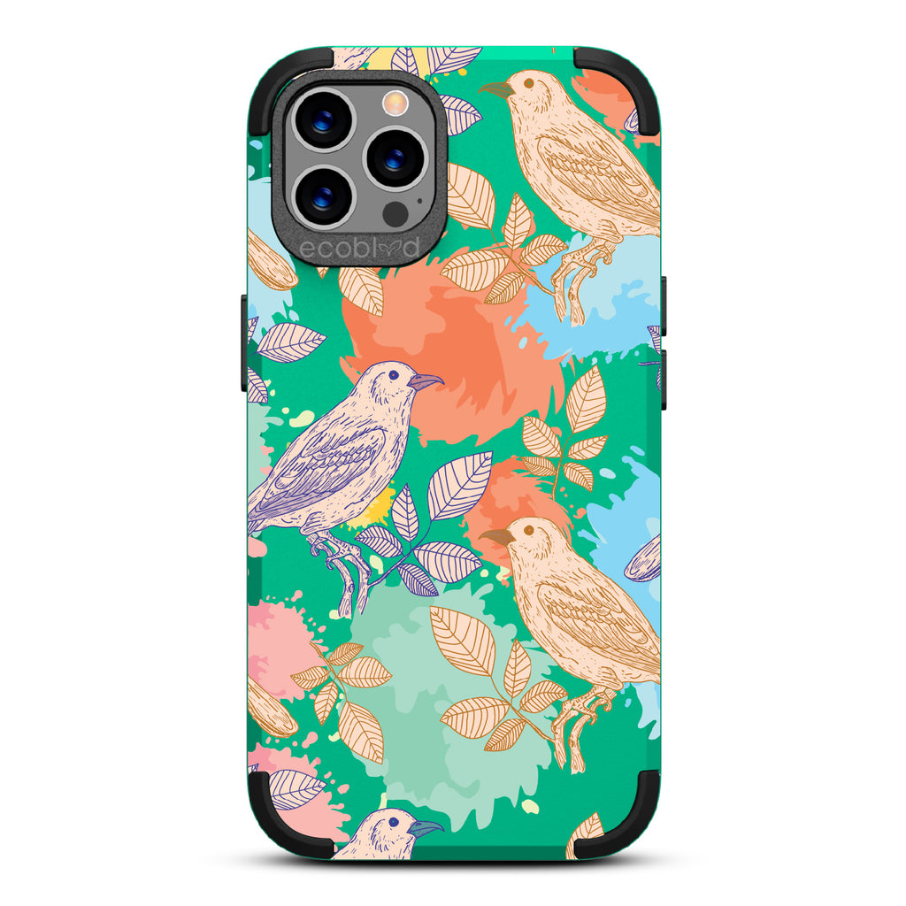 Perch Perfect - Green Rugged Eco-Friendly iPhone 12/12 Pro With Birds On Branches & Splashes Of Color