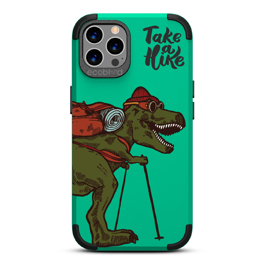 Take A Hike - Green Rugged Eco-Friendly iPhone 12/12 Pro Case With A Trail-Ready T-Rex And A Quote Saying Take A Hike On Back