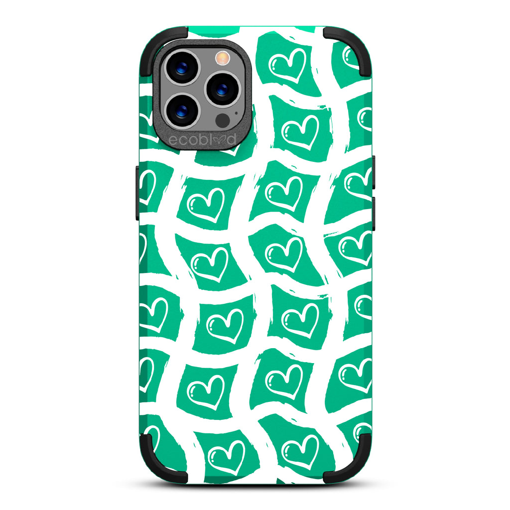 Waves Of Affection - Green Rugged Eco-Friendly iPhone 12/12 Pro Case With Wavy Paint Stroke Checker Print With Hearts On Back