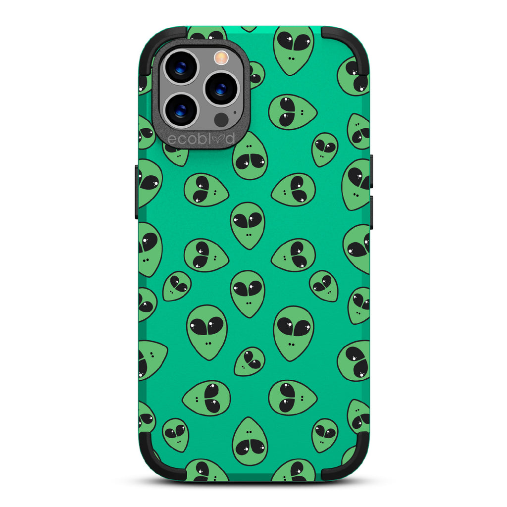 Aliens - Green Rugged Eco-Friendly iPhone 12/12 Pro Case With Green Cartoon Alien Heads On Back