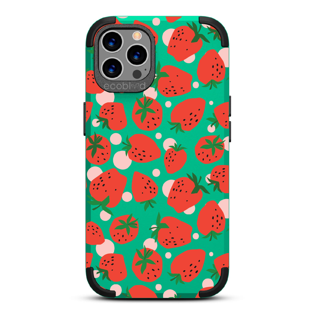 Strawberry Fields - Green Rugged Eco-Friendly iPhone 12/12 Pro Case With Strawberries On Back