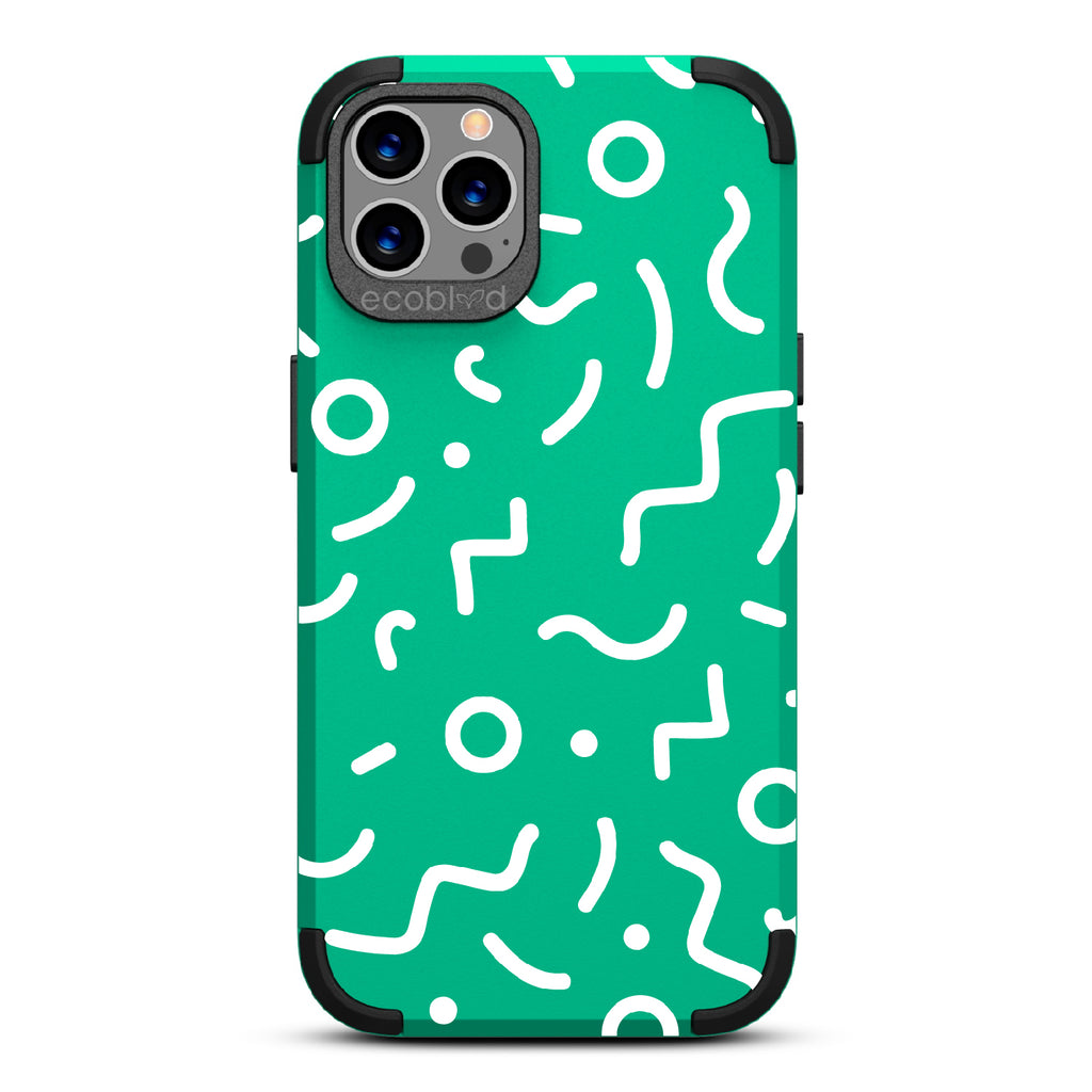 90's Kids  - Green Rugged Eco-Friendly iPhone 12/12 Pro Case With Retro 90's Lines & Squiggles On Back