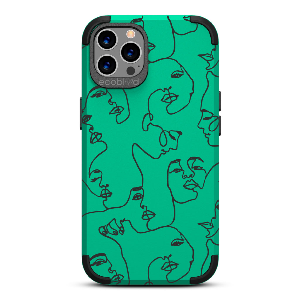 Delicate Touch - Green Rugged Eco-Friendly iPhone 12/12 Pro Case With Line Art Of A Woman?€?s Face On Back