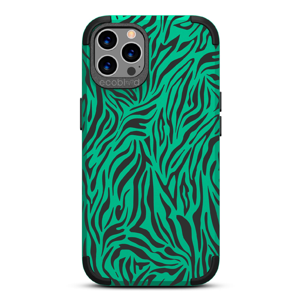 Zebra Print - Green Rugged Eco-Friendly iPhone 12/12 Pro Case With Zebra Print On Back