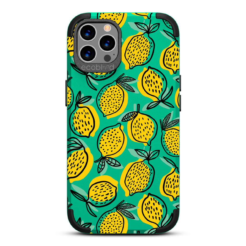 Lemon Drop - Green Rugged Eco-Friendly iPhone 12/12 Pro Case With Retro Lemon Print On Back