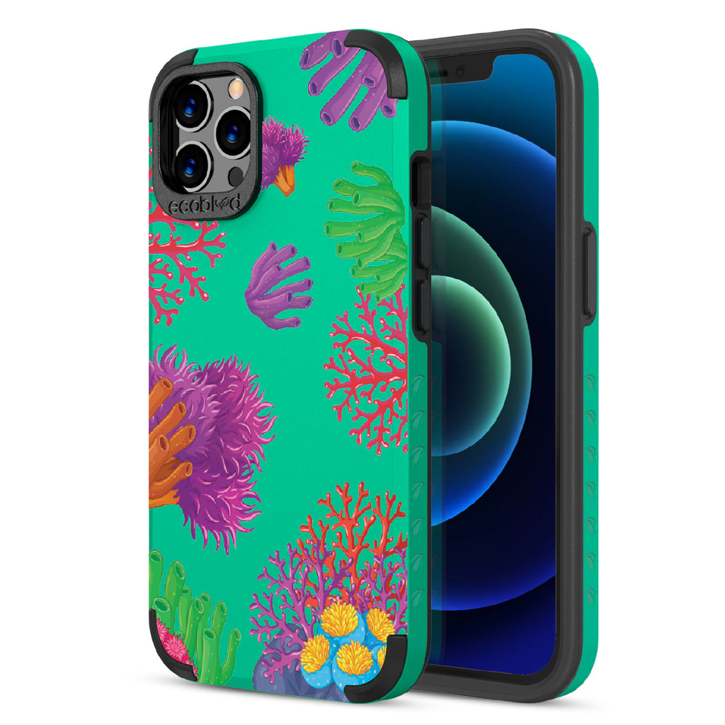 Coral Reef - Back View Of Green & Eco-Friendly Rugged iPhone 12/12 Pro Case & A Front View Of The Screen