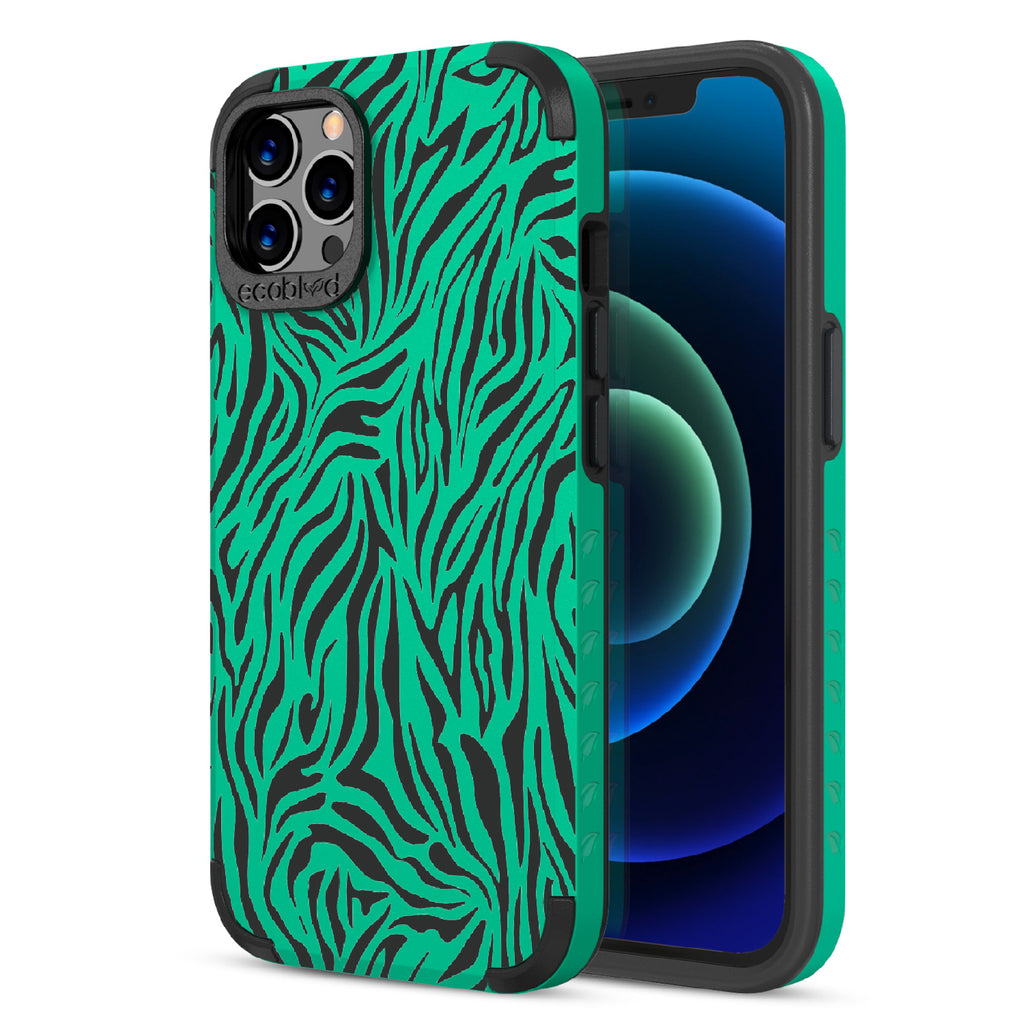 Zebra Print - Back View Of Green & Eco-Friendly Rugged iPhone 12/12 Pro Case & A Front View Of The Screen