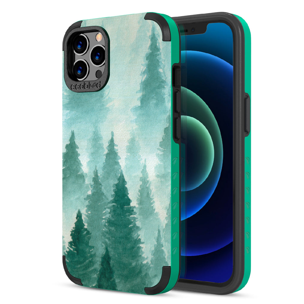 Winter Pine - Back Of Green & Eco-Friendly Rugged iPhone 12/12 Pro Case & A Front View Of The Screen