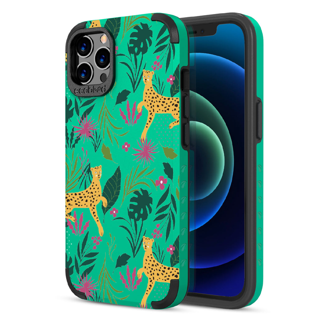 Jungle Boogie - Back Of Green & Eco-Friendly Rugged iPhone 12/12 Pro Case & A Front View Of The Screen