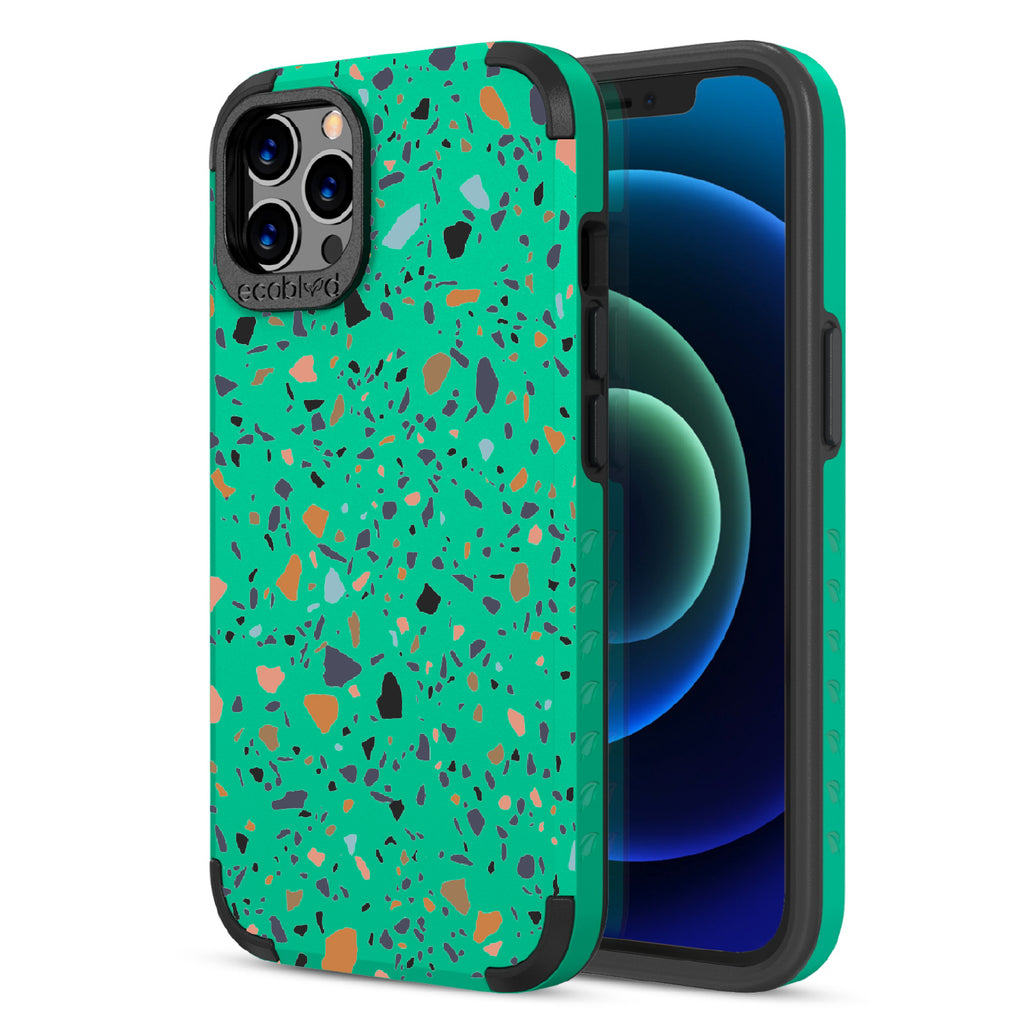 Terrazzo - Back Of Green & Eco-Friendly Rugged iPhone 12/12 Pro Case & A Front View Of The Screen