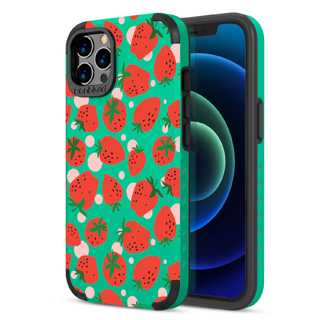 Strawberry Fields - Back View Of Green & Eco-Friendly Rugged iPhone 12/12 Pro Case & A Front View Of The Screen