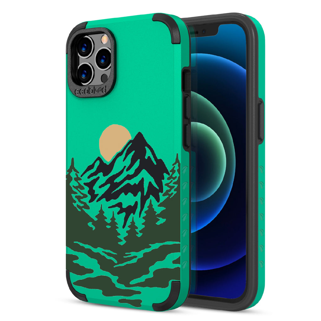 Mountains - Back View Of Green & Eco-Friendly Rugged iPhone 12/12 Pro Case & A Front View Of The Screen