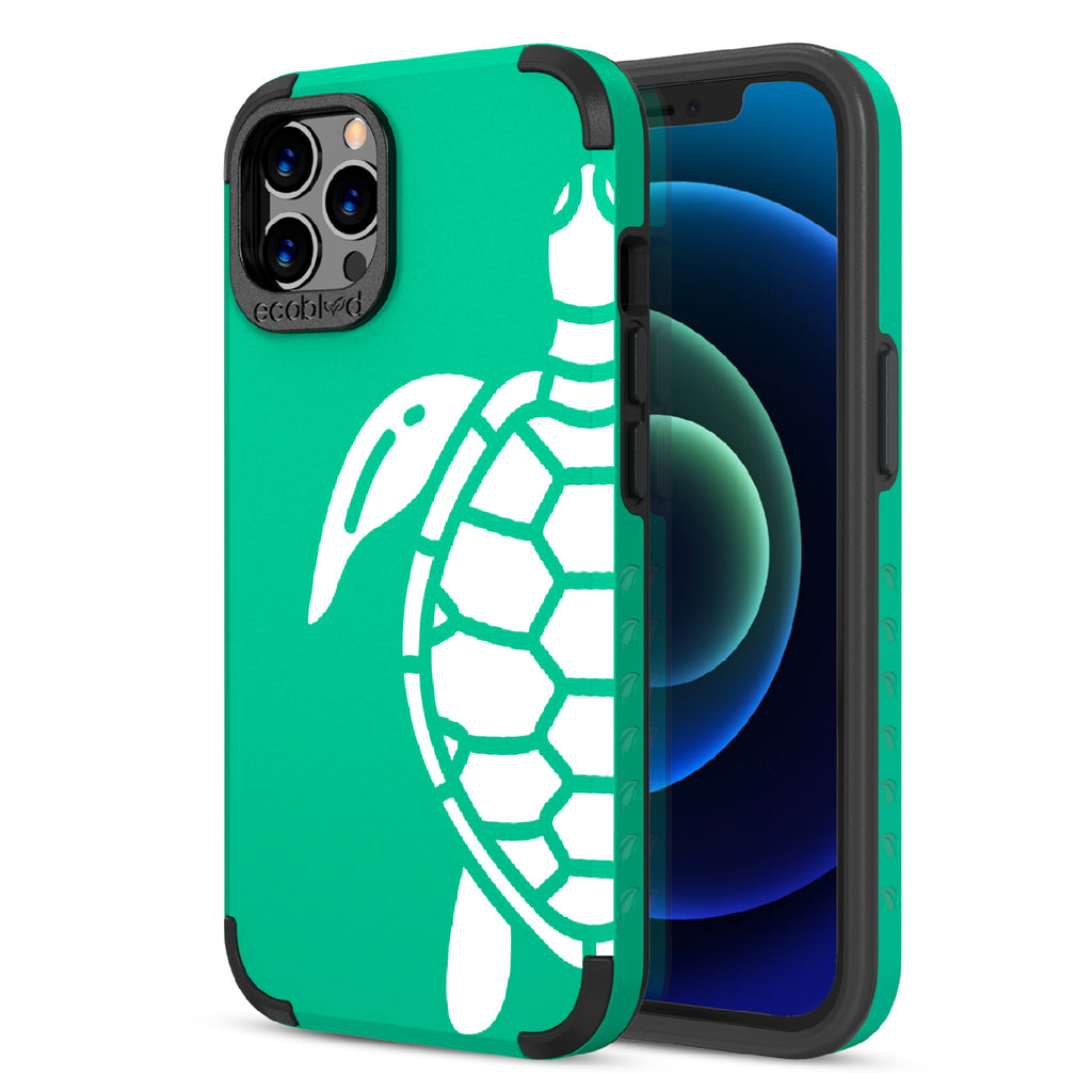 Sea Turtle - Back View Of Green & Eco-Friendly Rugged iPhone 12/12 Pro Case & A Front View Of The Screen