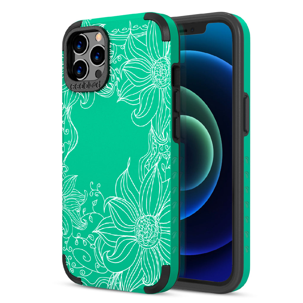 Flower Stencil - Back View Of Green & Eco-Friendly Rugged iPhone 12/12 Pro Case & A Front View Of The Screen