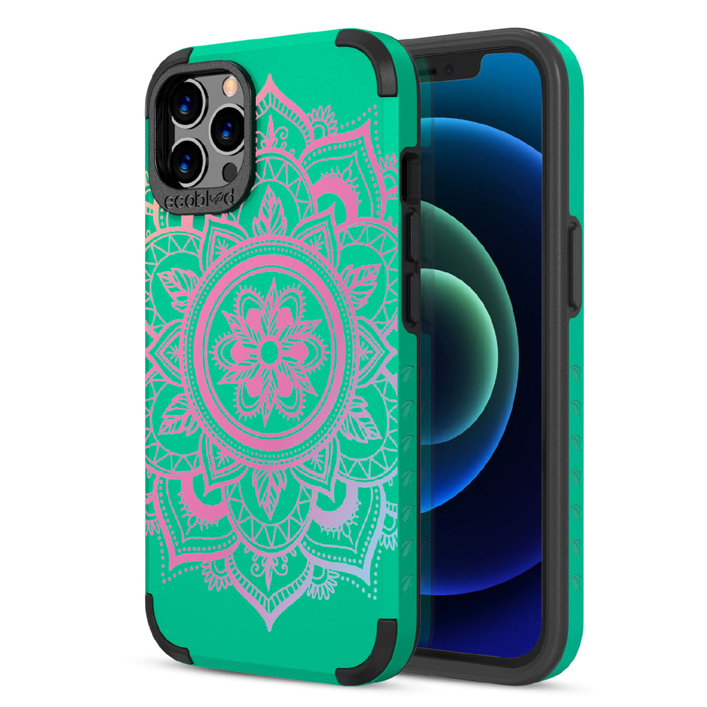 Mandala - Back View Of Green & Eco-Friendly Rugged iPhone 12/12 Pro Case & A Front View Of The Screen