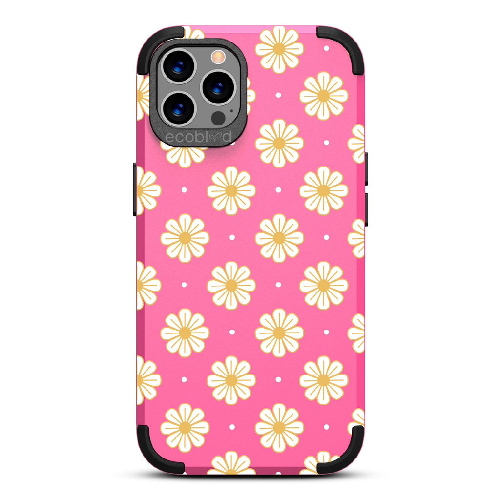 Daisy - Pink Rugged Eco-Friendly iPhone 12/12 Pro Case With A White Floral Pattern Of Daisies & Dots On Back