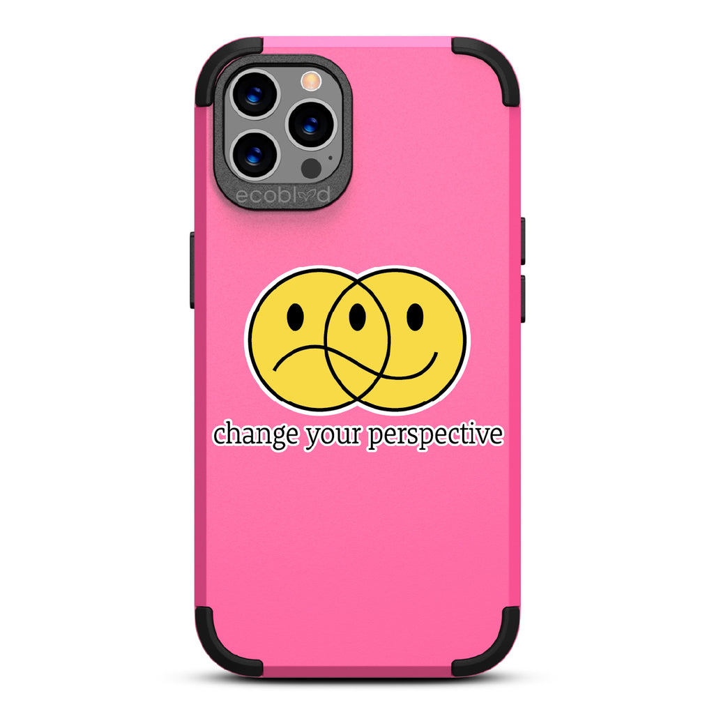 Perspective - Pink Rugged Eco-Friendly iPhone 12/12 Pro Case With A Happy/Sad Face & Change Your Perspective On Back