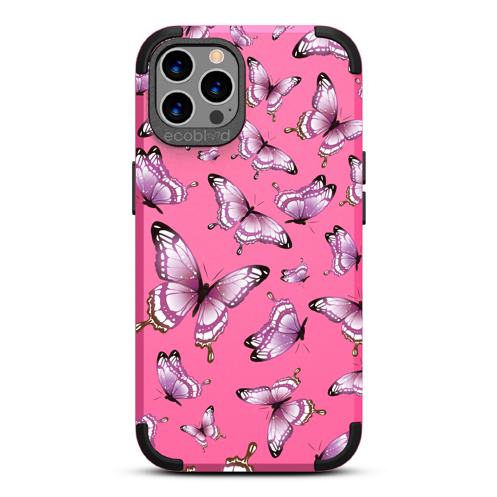 Social Butterfly - Pink Rugged Eco-Friendly iPhone 12/12 Pro Case With Colorful Butterflies On Back
