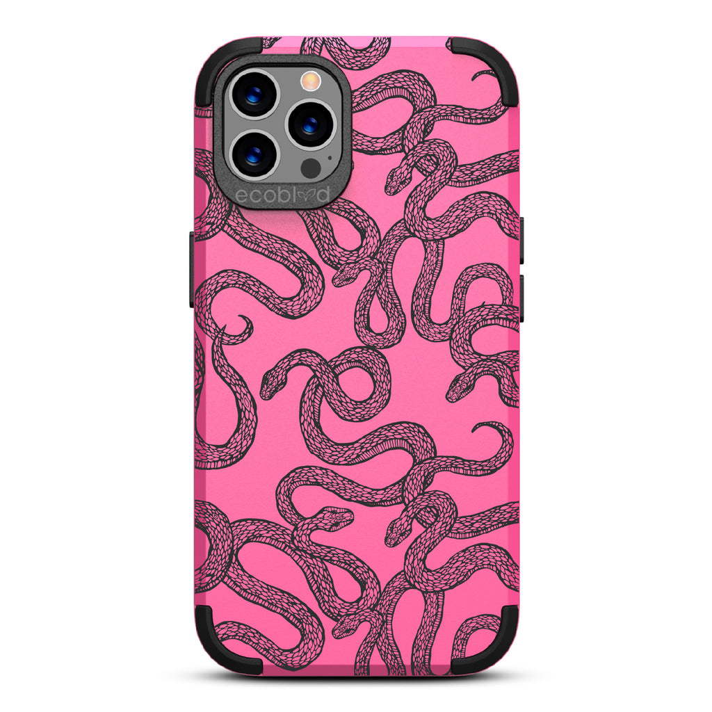 Slithering Serpent - Pink Rugged Eco-Friendly iPhone 12/12 Pro Case With Diamondback Snakes On Back