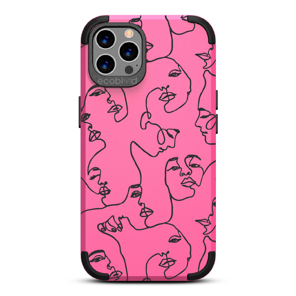 Delicate Touch - Pink Rugged Eco-Friendly iPhone 12/12 Pro Case With Line Art Of A Woman?€?s Face On Back