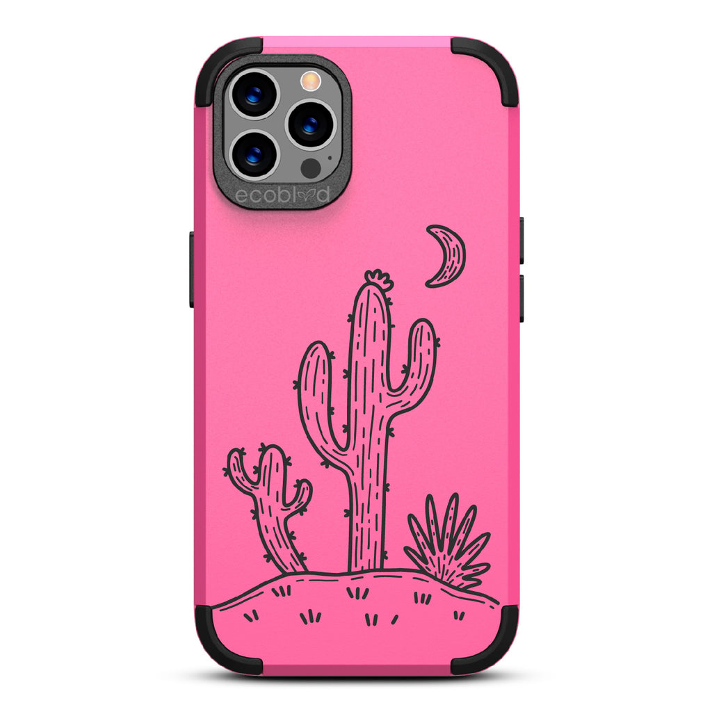 Sagebrush  - Pink Rugged Eco-Friendly iPhone 12/12 Pro Case With Cartoon Cacti Under A Crescent Moon On Back