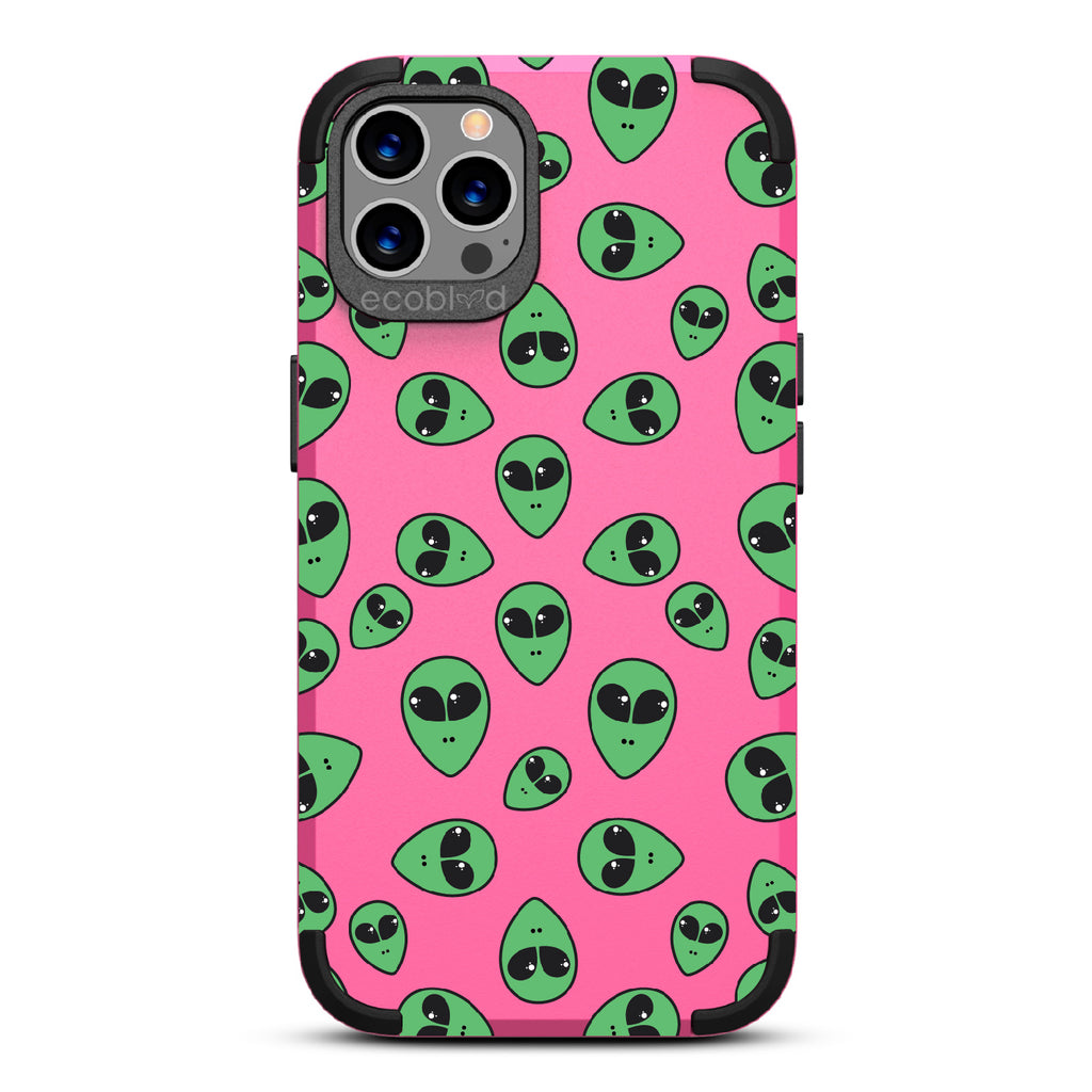 Aliens - Pink Rugged Eco-Friendly iPhone 12/12 Pro Case With Green Cartoon Alien Heads On Back