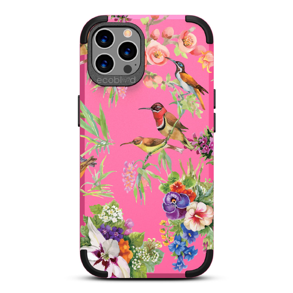 Sweet Nectar - Pink Rugged Eco-Friendly iPhone 12/12 Pro With Hummingbirds, Colorful Garden Flowers