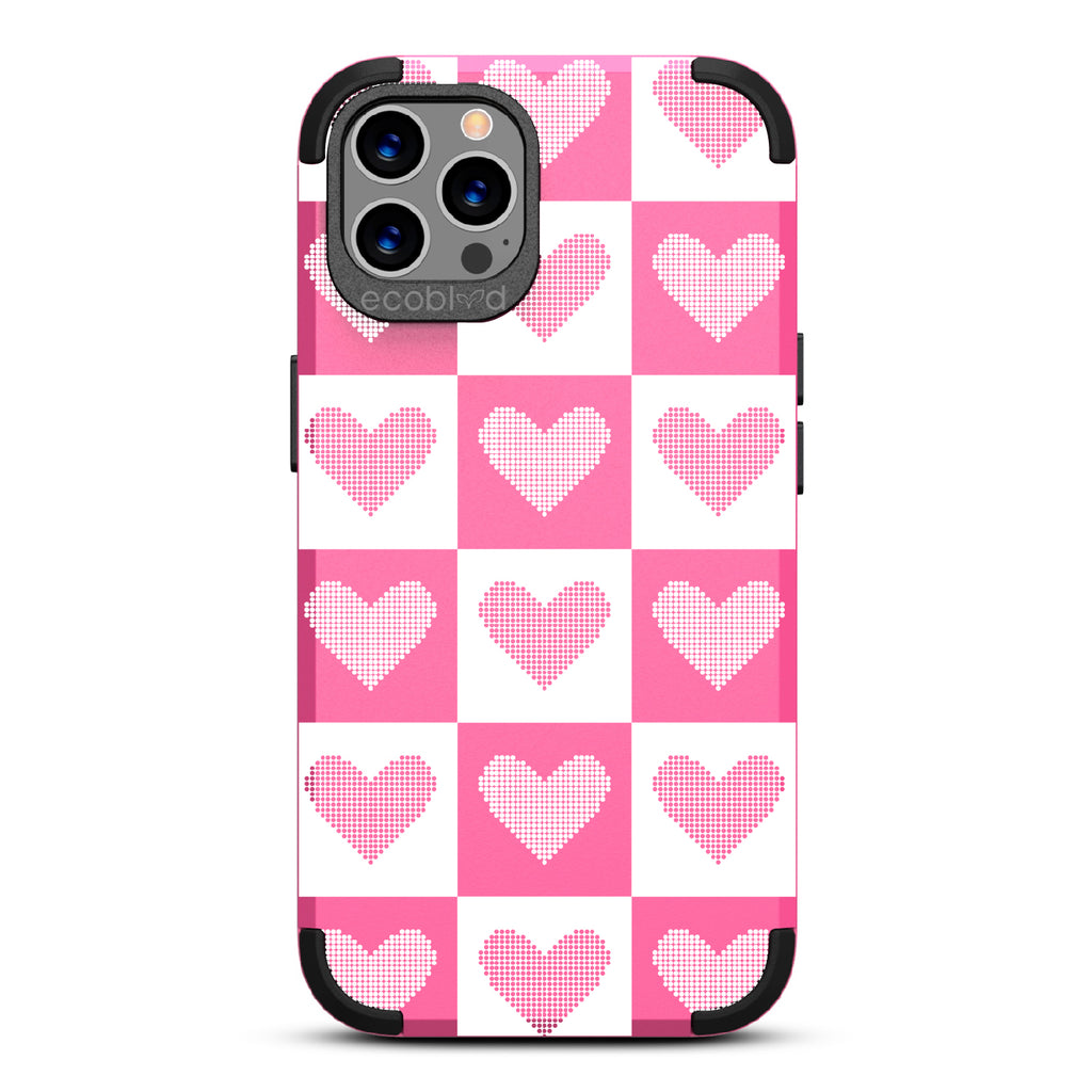 Quilty Pleasures - Pink Rugged Eco-Friendly iPhone 12/12 Pro Case With White Checkered Print With Knitted Hearts On Back