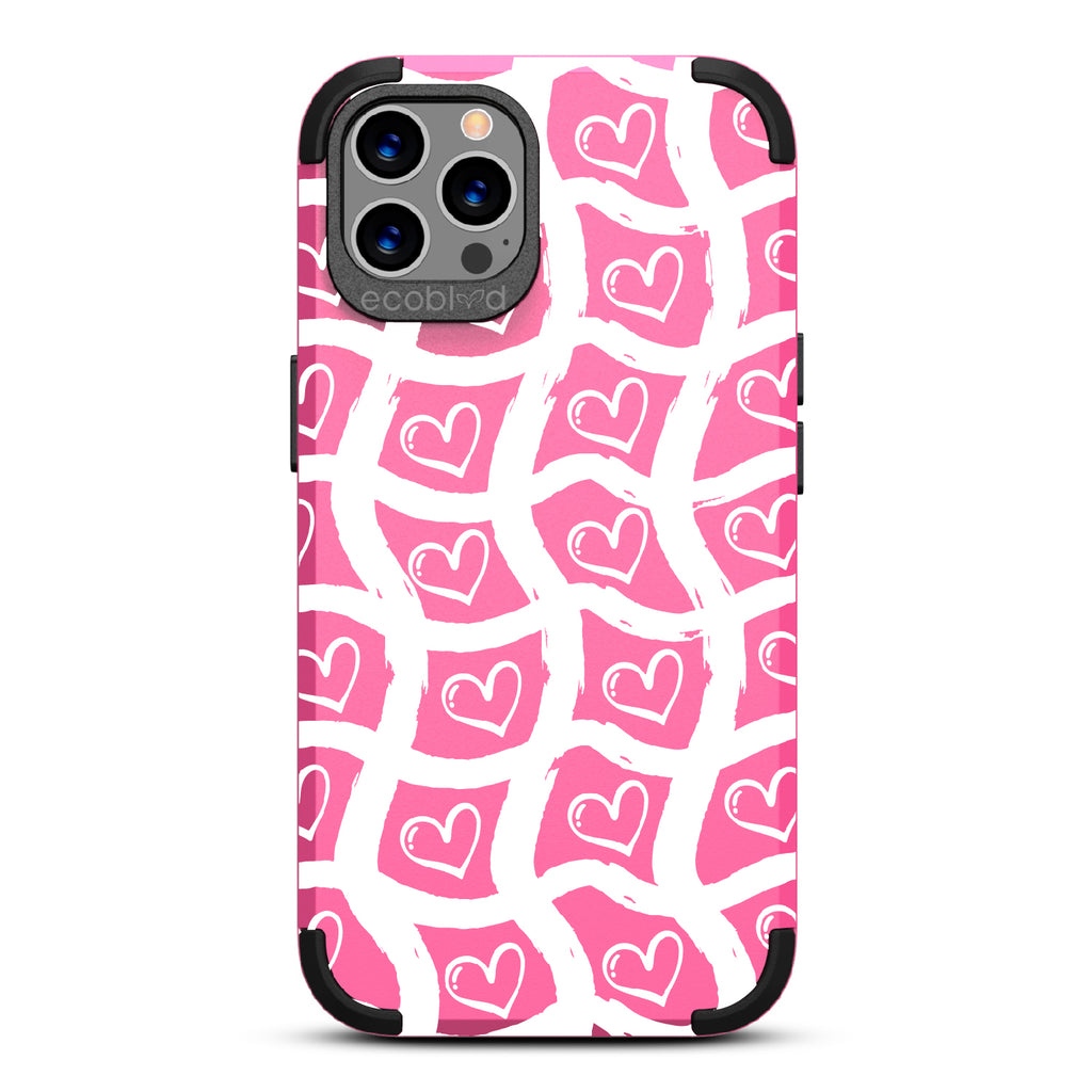 Waves Of Affection - Pink Rugged Eco-Friendly iPhone 12/12 Pro Case With Wavy Paint Stroke Checker Print With Hearts On Back