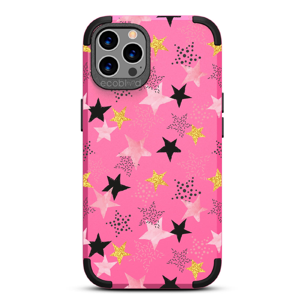 Champagne Supernova - Pink Rugged Eco-Friendly iPhone 12/12  Case With Pink, Black & Gold Stars In Solid & Polka Dot Patterns