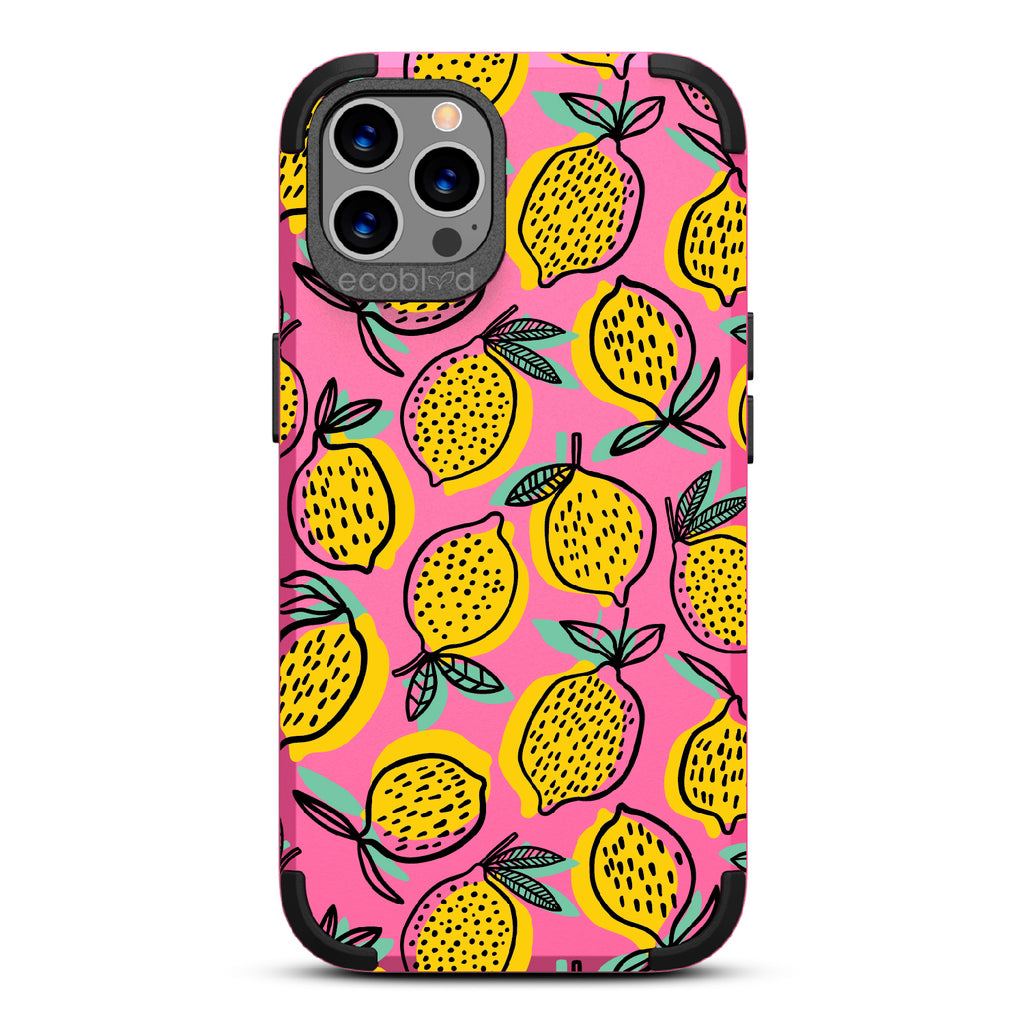 Lemon Drop - Pink Rugged Eco-Friendly iPhone 12/12 Pro Case With Retro Lemon Print On Back