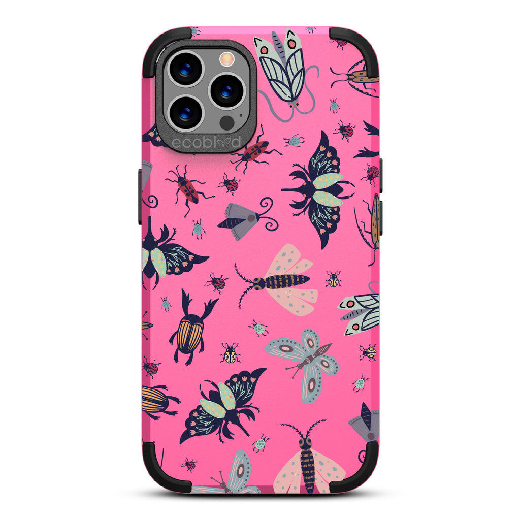 Bug Out - Pink Rugged Eco-Friendly iPhone 12/12 Pro Case With Butterflies, Moths, Dragonflies, And Beetles On Back