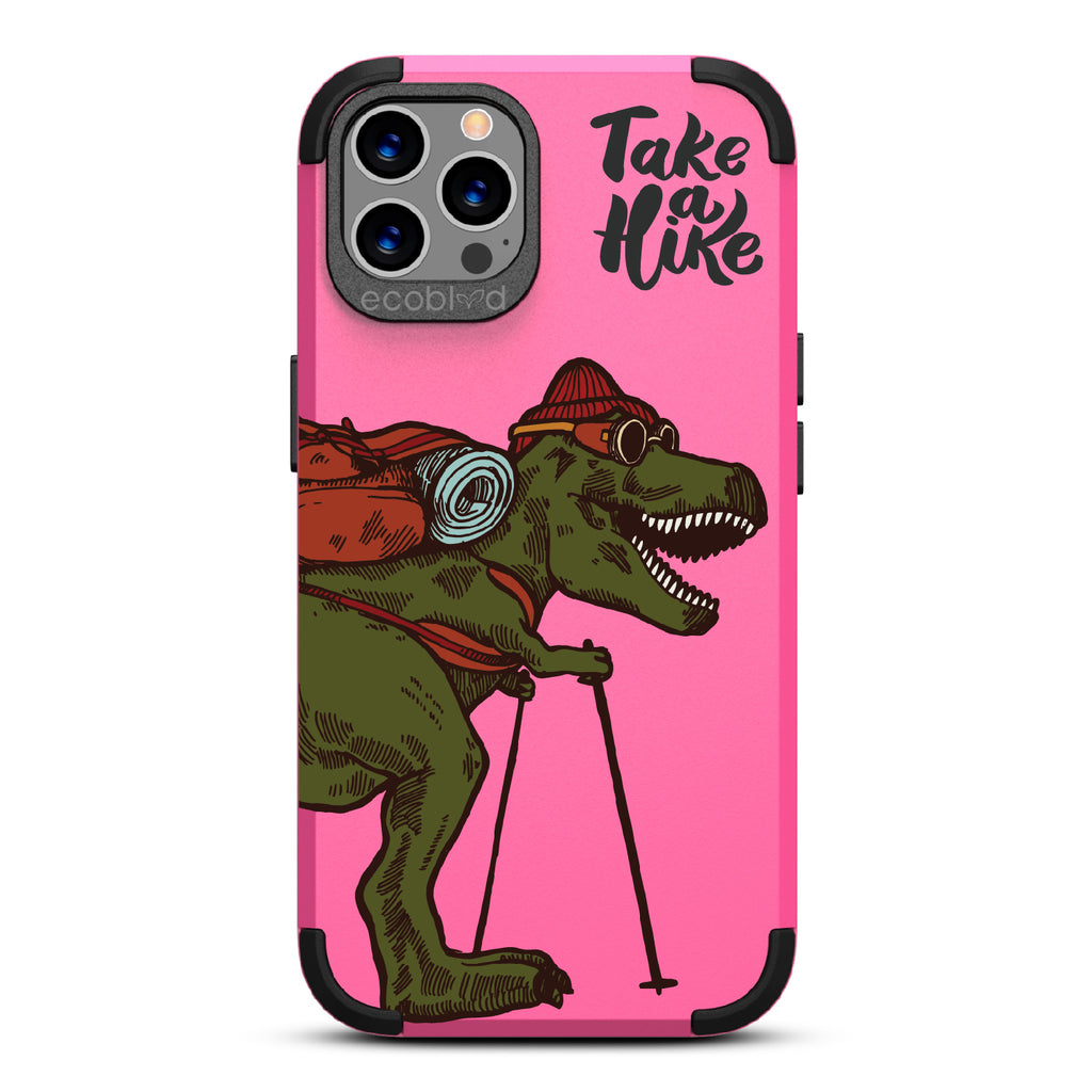 Take A Hike - Pink Rugged Eco-Friendly iPhone 12/12 Pro Case With A Trail-Ready T-Rex And A Quote Saying Take A Hike On Back