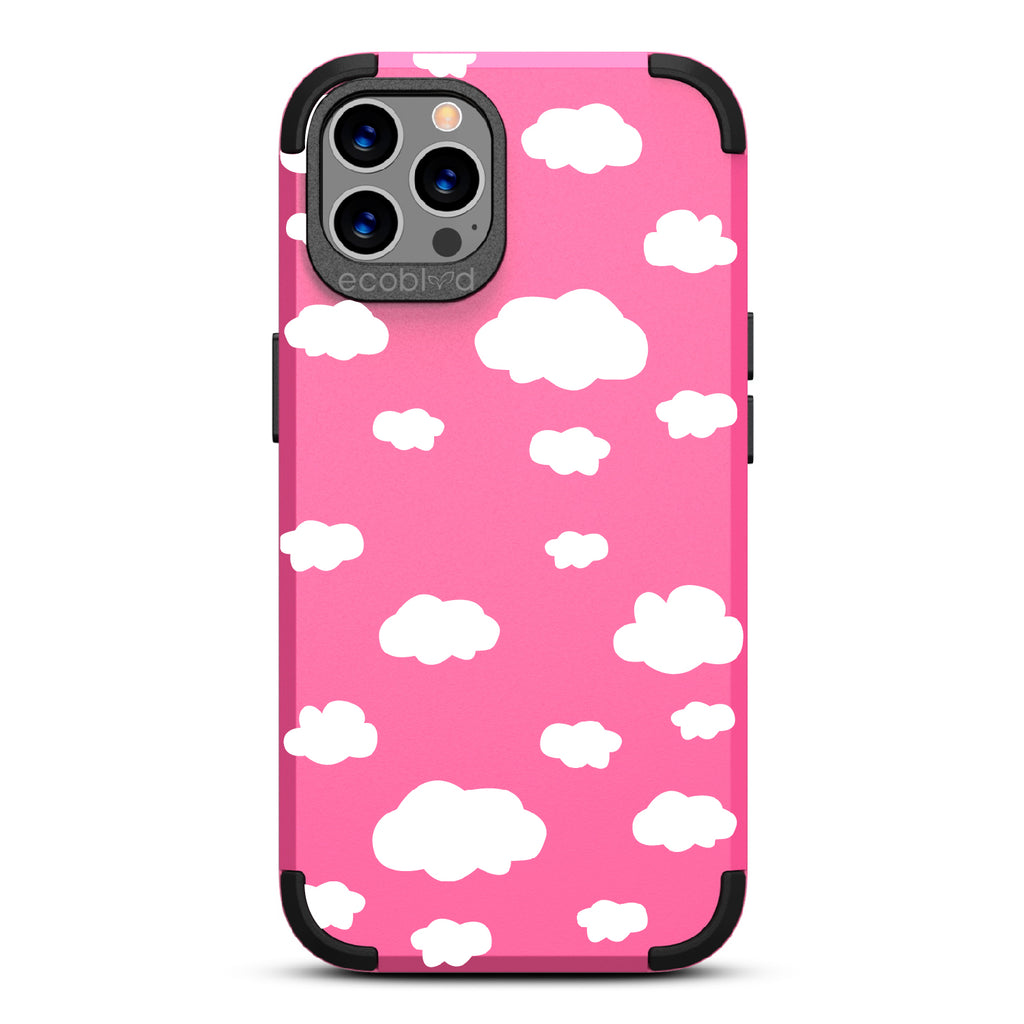 Clouds - Pink Rugged Eco-Friendly iPhone 12/12 Pro Case With A Fluffy White Cartoon Clouds Print On Back