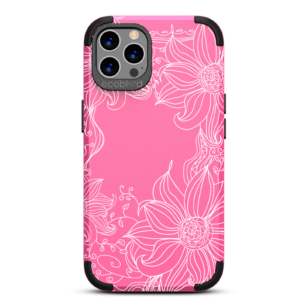 Flower Stencil - Pink Rugged Eco-Friendly iPhone 12/12 Pro Case With A Sunflower Stencil Line Art Design  On Back