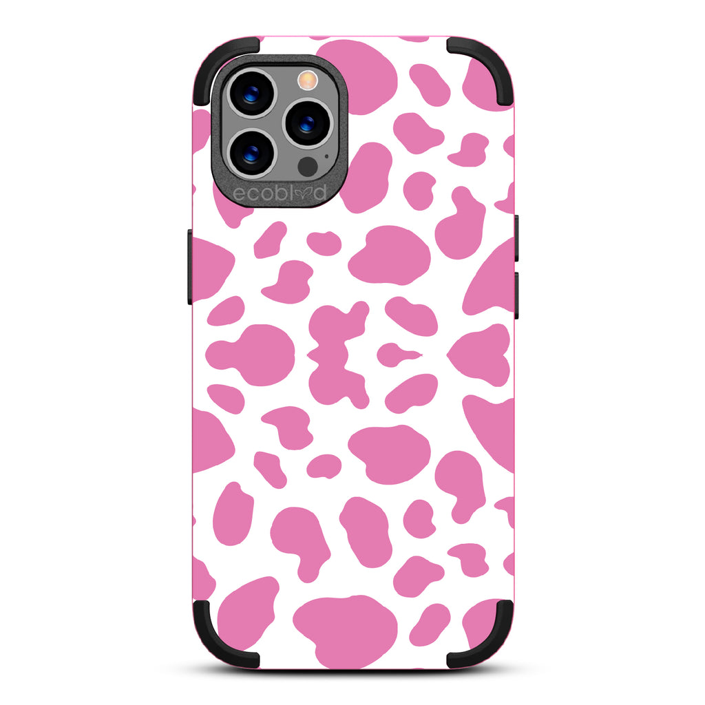 Cow Print - Pink Rugged Eco-Friendly iPhone 12/12 Pro Case With Pink Cow Print On Back