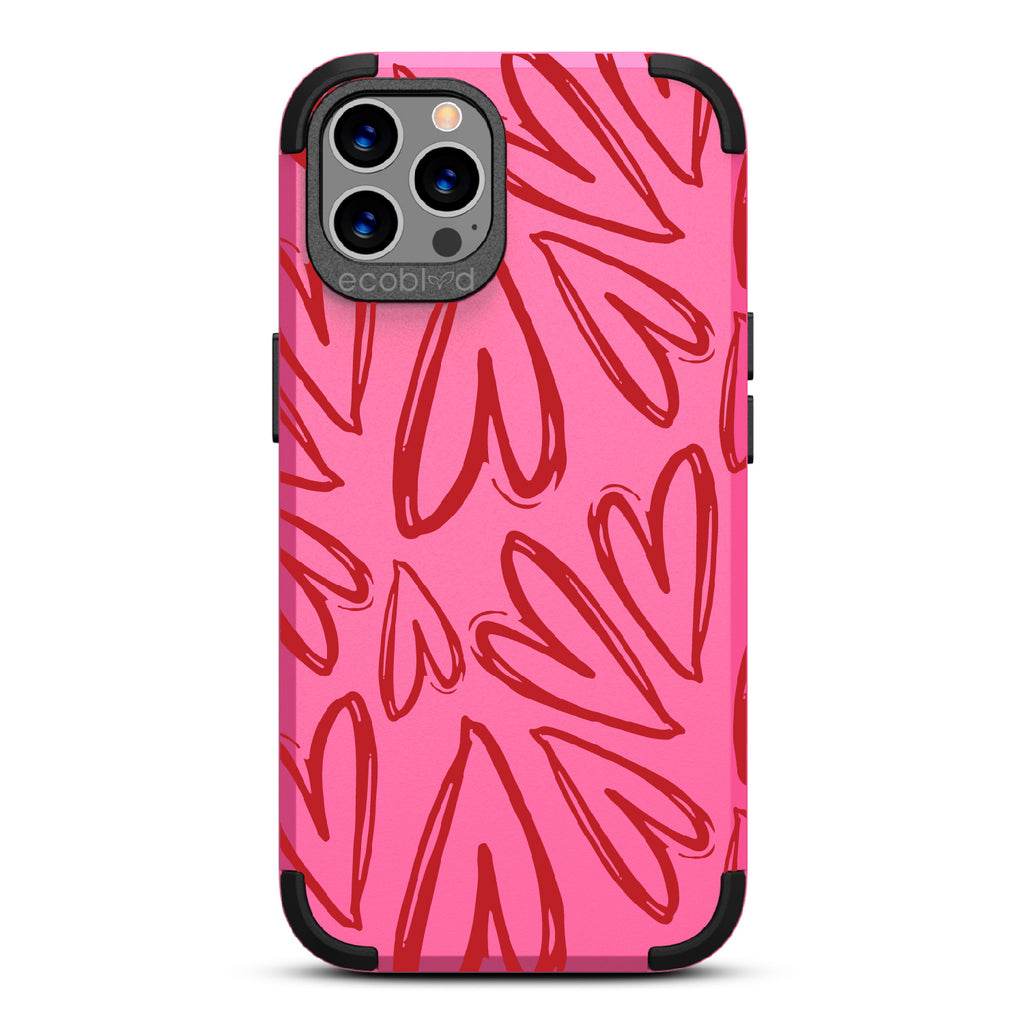 Heartfelt - Pink Rugged Eco-Friendly iPhone 12/12 Pro Case With Painted / Sketched Red Hearts On Back